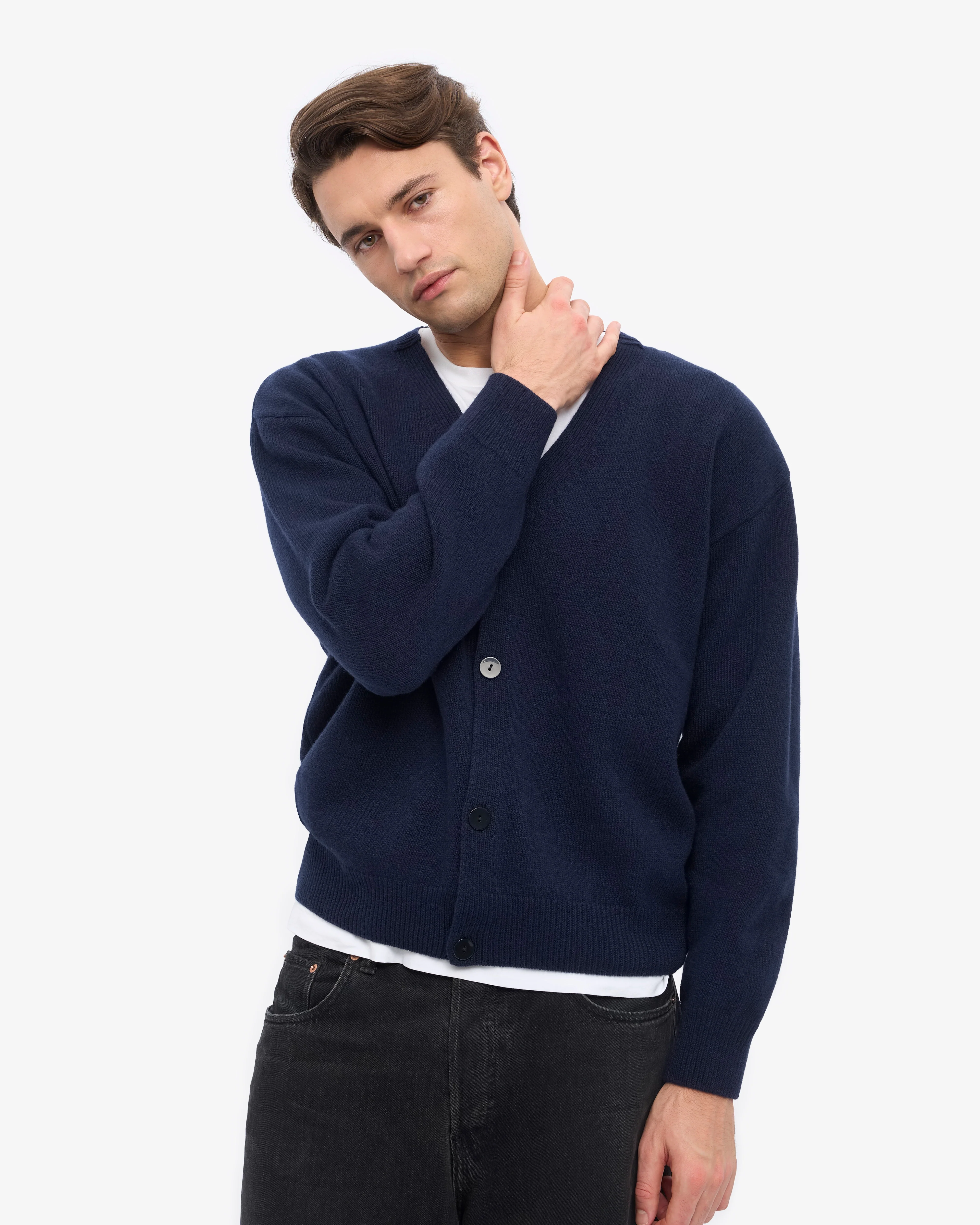 Merino Wool V-Neck Cardigan - Navy Blue - Image 7